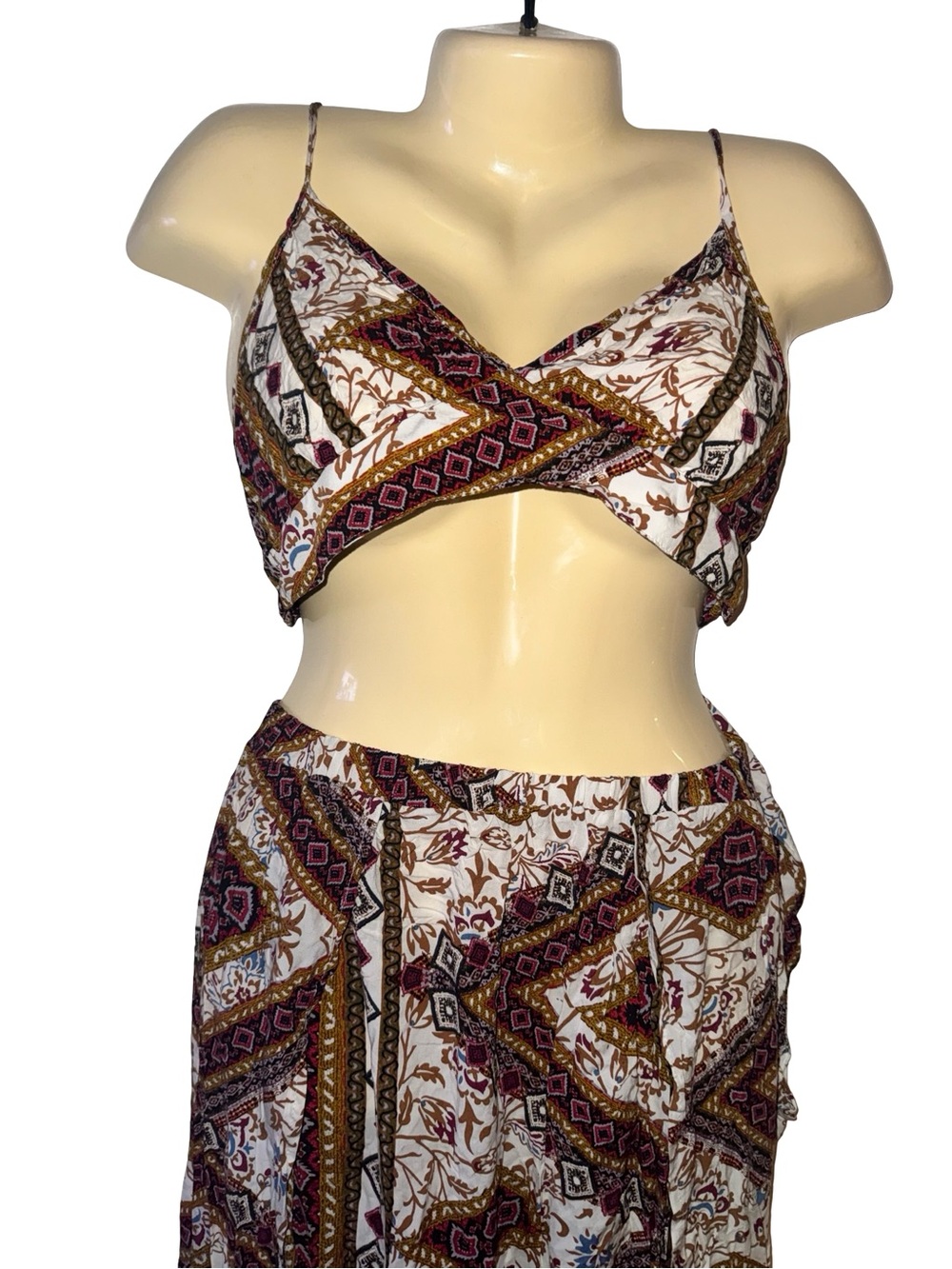 SHEIN White Printed Boho Crop Top and Skirt Set with Brown and Burgundy Accents
